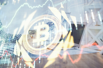 Blockchain theme hud with businessman working on computer on background. Concept of crypto chain. Double exposure.