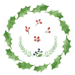 クリスマスリースの手描きイラスト/ヒイラギ