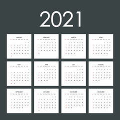 2021 Calendar Planner Design.Week Starts on Sunday.