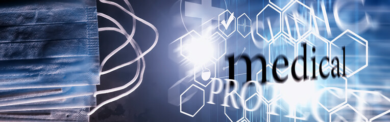 Personal protective equipment. Disposable medical mask. Gauze bandage for respiratory protection. Medical accessories.