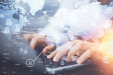 Media network theme hologram with man working on computer on background. Concept of internet communication. Double exposure.