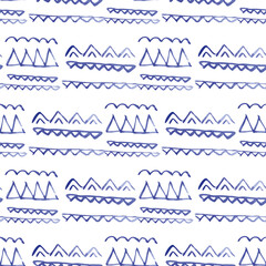 Vector seamless pattern ethnic indigo watercolor with blue trinagles, chevrons and white background.