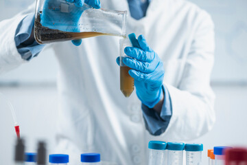 Organic Food Science Inspector Examining Laboratory Flask with Plant Sample Dissolved in Water