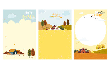 Set of Cute cartoon Autumn landscape farm fild with copy space, Vector Hello Autumn with forest tree, Autumn or Fall season for Banner, Sale, Card and template background