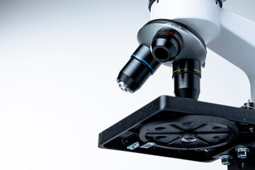Scientific microscope lenses close up. Laboratory equipment