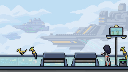 vector pixel art scene sci fi airship