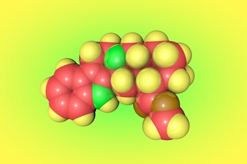 Space-filling molecular model of yohimbine or quebrachine, an alkaloid plant-derived molecule with aphrodisiac effects. 3d illustration