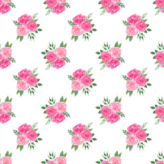 Seamless pattern with loose watercolor roses for gift card, invitation, wedding menu. Floral illustration isolated on white background.