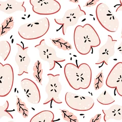 Foto op Plexiglas Apple seamless pattern. Vector illustration of fruit sliced in half, slices and apple core in simple childish cartoon hand-drawn style. Pastel palette perfect for baby clothes © Світлана Харчук