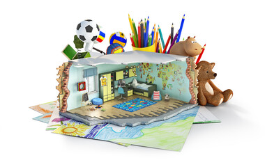 Ripped out from interior part of children room on kids pictures and in front of toys, balls and pencils, 3d illustration