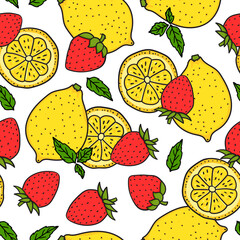 Lemon and strawberry with mint leaves. Seamless pattern. Red and yellow colors. Whole lemon and a round slice. Vector hand drawn illustration. Surface design isolated on white background.