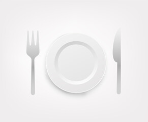 Plate, spoon and fork emoji isolated on white background