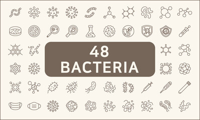 Set of 48 bacteria and virus icon line style. Contains such Icons as germ, bacillus, instruction, medicine, healthcare, vaccination, antivirus, chemistry, hospital, flu and more.