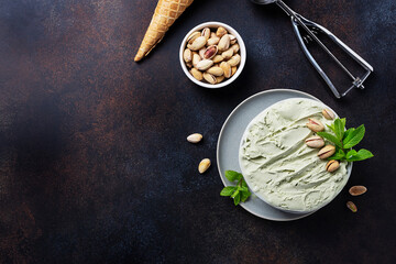 Homemade ice cream with pistachio and mint