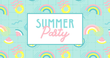 summer party banner. Summer funny wallpaper in memphis style. Fashionable styling template with watermelon, lemon and rainbow. vector design.