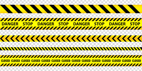 Set of danger caution seamless tapes. Art design line of crime places. Abstract concept graphic element. Construction sign for your web site design, logo, app  on transparent background. EPS10