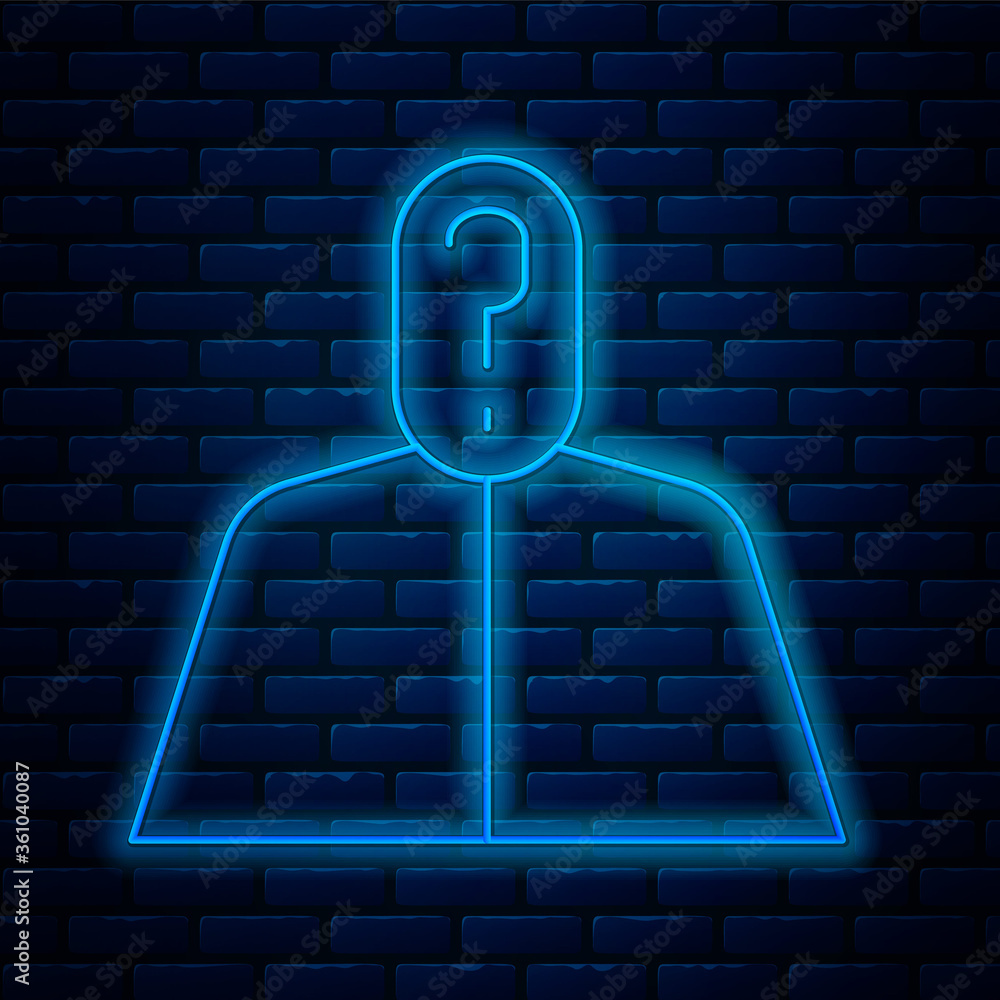 Poster glowing neon line anonymous man with question mark icon isolated on brick wall background. unknown u
