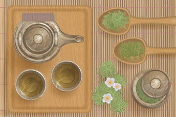 Vector illustration. Asian tea set. Top view. Kettle, cups with tea, mat, spoons, tea leaves. View from above.