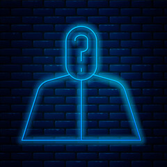 Glowing neon line Anonymous man with question mark icon isolated on brick wall background. Unknown user, incognito profile, business secrecy, obscurity. Vector Illustration.