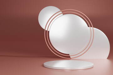 Blank pedestal with round white and pink gold ring on background, 3d rendering mockup