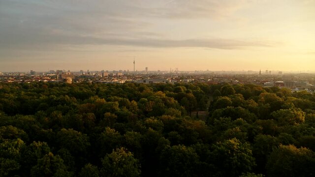 Scenic view treetops and cityscape, Berlin, Germany