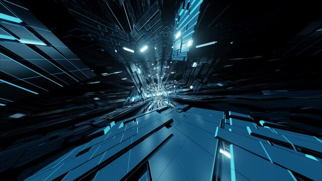 Abstract futuristic cityscape. interstellar subway. Futuristic space ship elevator. Spaceflight to inner core. Glowing blue lights blade runner buildings.