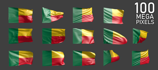 14 different pictures of Benin flag isolated on grey background - 3D illustration of object