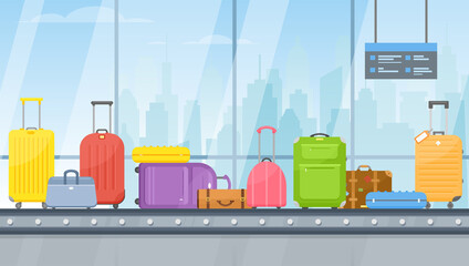 Vector airport conveyor belt with passenger luggage bag, suitcase, information panels. Luggage carousel and baggage scan in flat style. Terminal hall illustration for travel, holiday, flight concept.