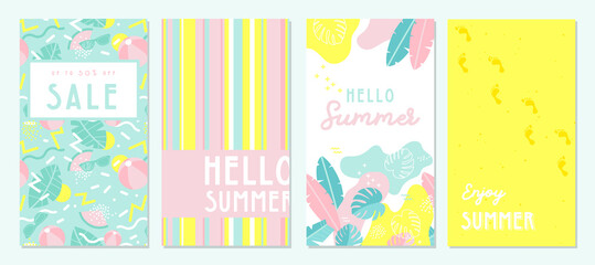 Design banner and card for summer season. Abstract geometric background with summer fruit, tropical leafs and beach scene. summer sale and summer text on modern texture backdrop. Vector illustration
