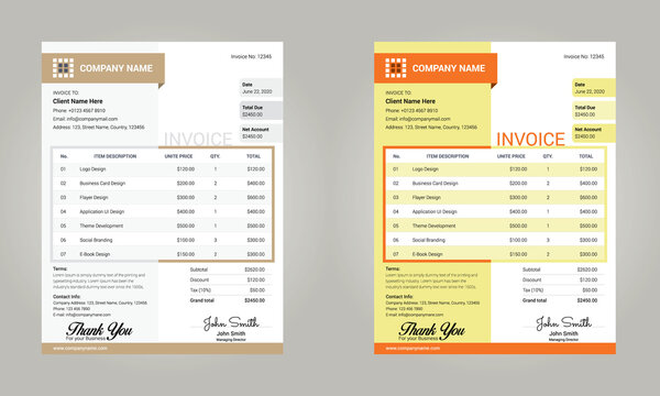 Business invoice templates design. Invoice account document, calculation file payment document vector.