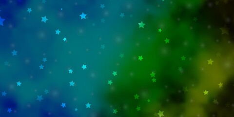 Fototapeta na wymiar Light Blue, Green vector background with colorful stars. Blur decorative design in simple style with stars. Best design for your ad, poster, banner.
