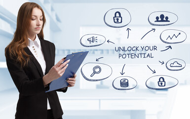 Business, technology, internet and network concept. Young businessman thinks over the steps for...