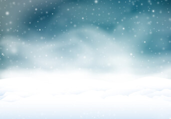 Winter background with snow banks, snowfall. Christmas vector design.