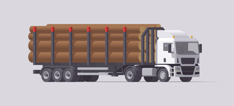 Semi truck carrying timber trailer. Isolated european tractor. Vector illustration