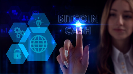 Business, Technology, Internet and network concept. Young businessman working on a virtual screen of the future and sees the inscription: Bitcoin cash