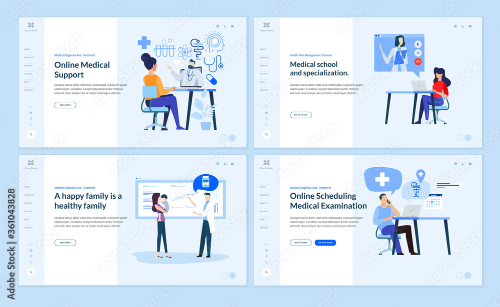 Poster set of web page design templates on medicine and health care. vector illustrations for website desig