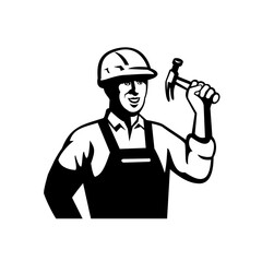 Builder Carpenter Handyman Holding Hammer Front Retro Black and White