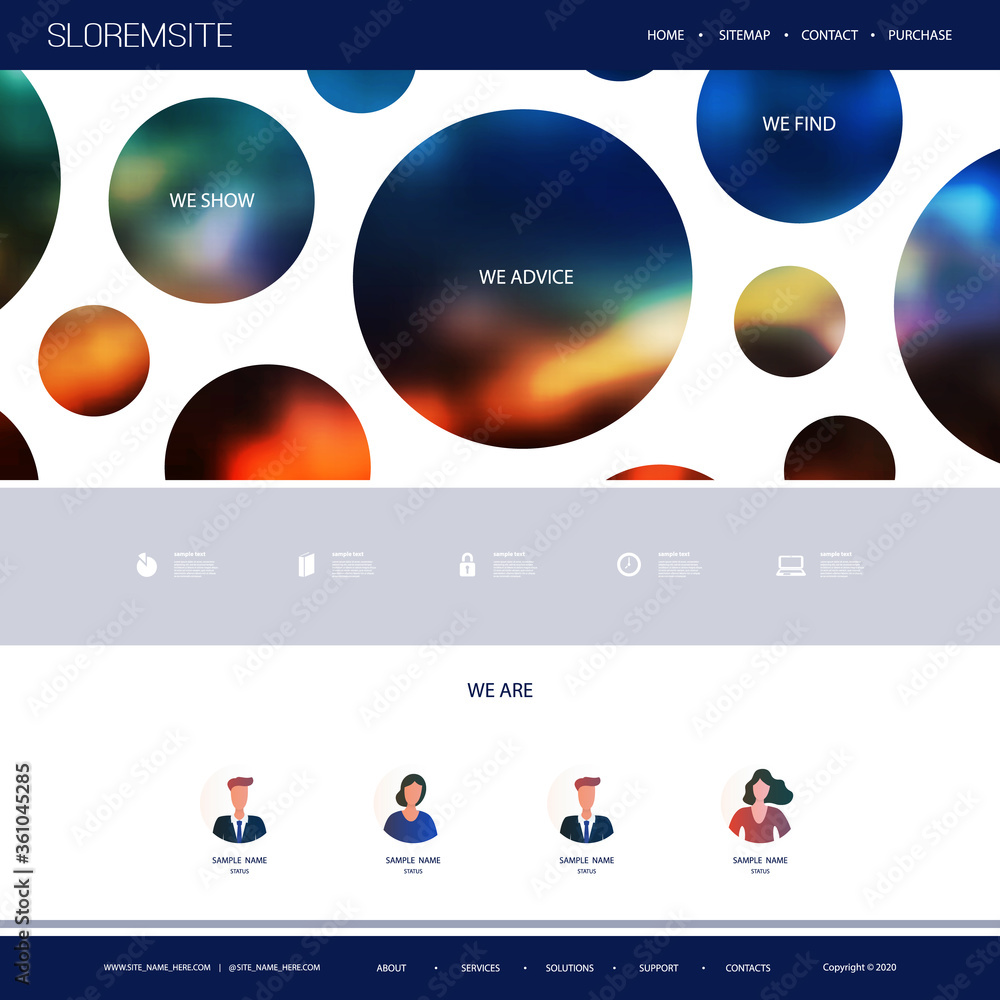 Poster website design template for your business with orange and blue abstract circles, blurry gradient tex