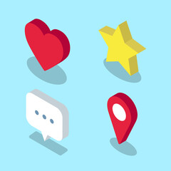 Set of Isometric icons such as heart, star, text message and geo location. - Vector