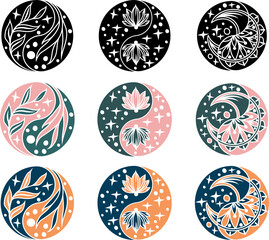 Silhouette collection of abstract Yin Yang symbol with mandala, moon, lotus, star. Indian silhouette yoga illustration. Vector mandala clipart for card, print, packing, poster in yoga style