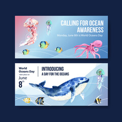 Billboard template design for World Oceans Day concept with marine animals watercolor vector