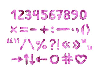 Hand drawn watercolor numbers and symbols set for alphabet. Pink marble letters on isolated background. Handwritten Latin letters. Great for postcards, posters, greeting cards, comics, cartoons.