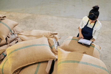 Roastery worker standing at pile of sacks with coffee beans and checking e-mails from supplier