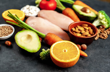 Products containing vitamin B3 (PP, niacin), healthy eating concept on stone background
