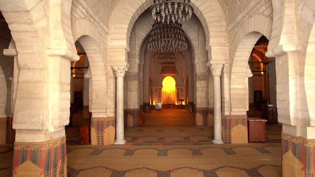 Interior of ancient historical Mosque in Tunisia.