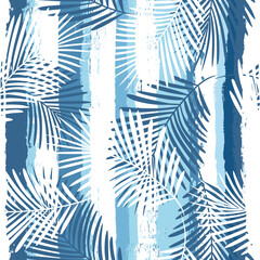 Tropical pattern, palm leaves seamless vector floral background. Exotic plant on blue stripes print illustration. Summer nature jungle print. Leaves of palm tree on paint lines. ink brush strokes