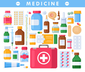 Vector set of medicine pharmacy bottles, pills, drugs, tablets, syrup, vitamin, nasal spray, medical equipment in flat cartoon style. Medicine icon for health shop, healthcare banner, pharmacy poster.