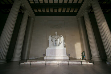 Spring, 2016 - Washington DC, USA - Close-up. A clean statue of 16 US President Abraham Lincoln at...