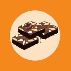 classic brownie chocolate cake with almond slice. vector illustration