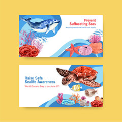 Twitter template design for World Oceans Day concept with marine animals watercolor vector